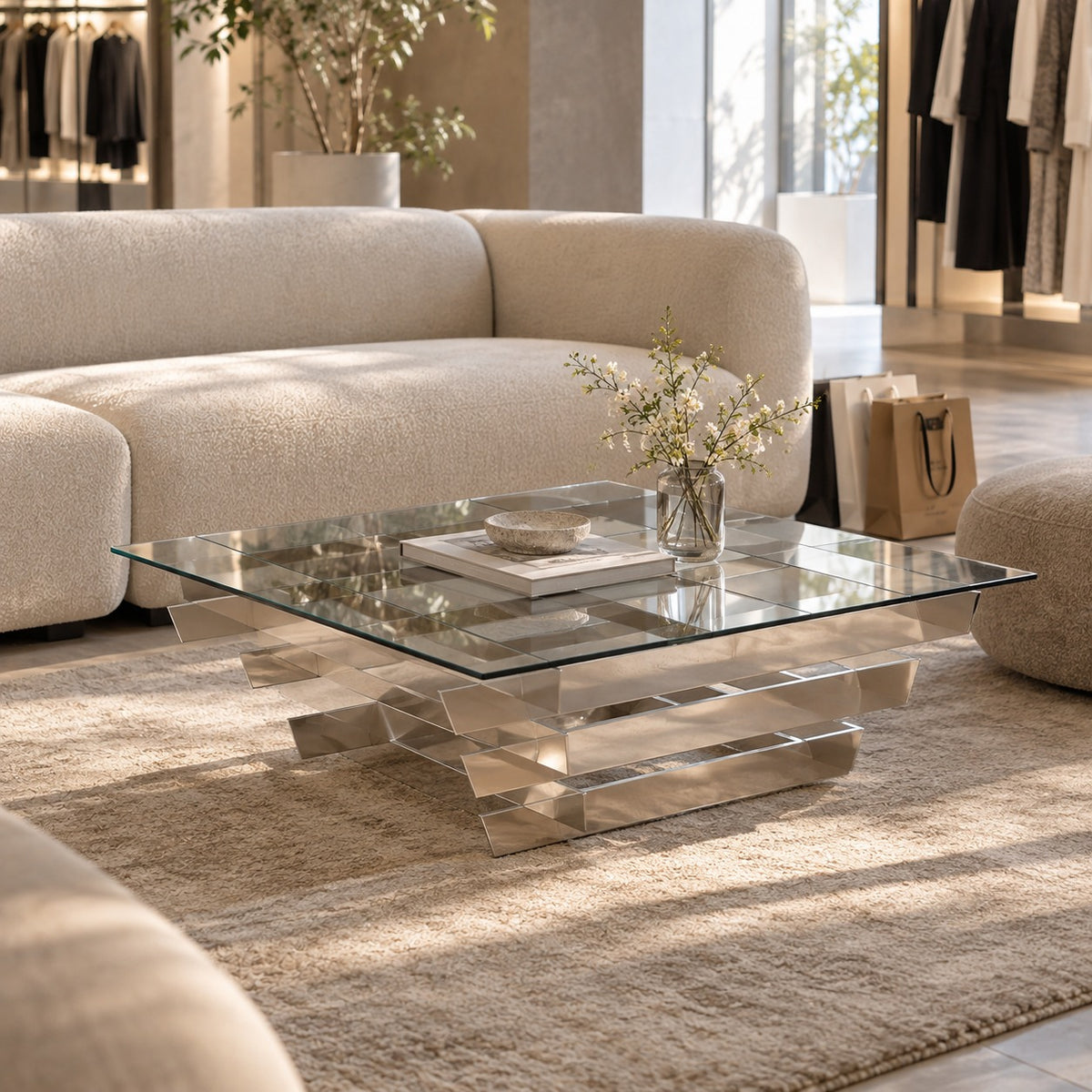 Cascade Square Coffee Table 使用イメージ（アパレル店）