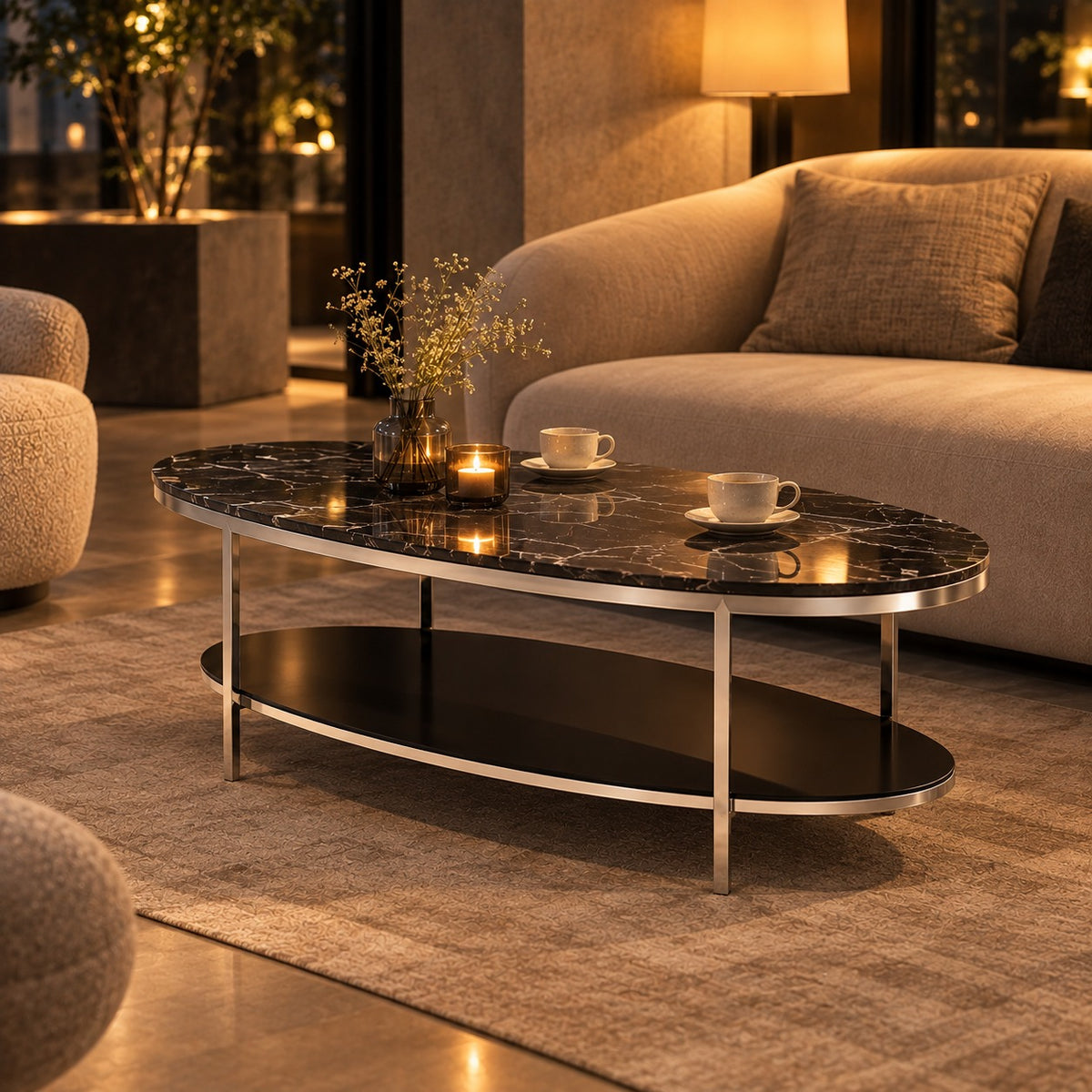 Oval Deck Marble Coffee Table 使用イメージ（飲食店）