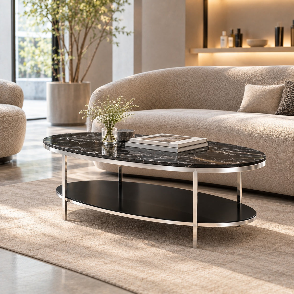Oval Deck Marble Coffee Table 使用イメージ（サロン）
