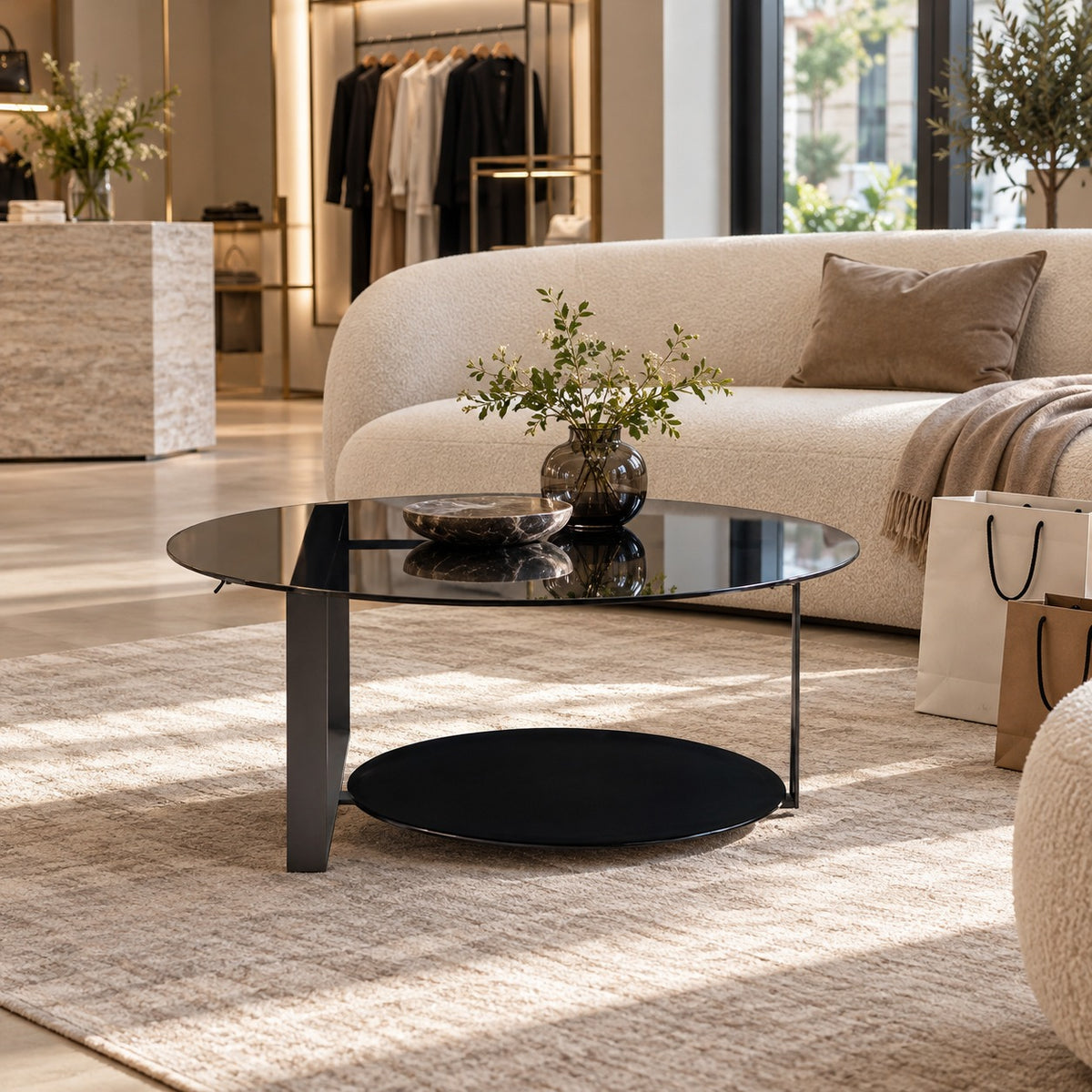 Orbit Shelf Round Coffee Table 使用イメージ（アパレル店）