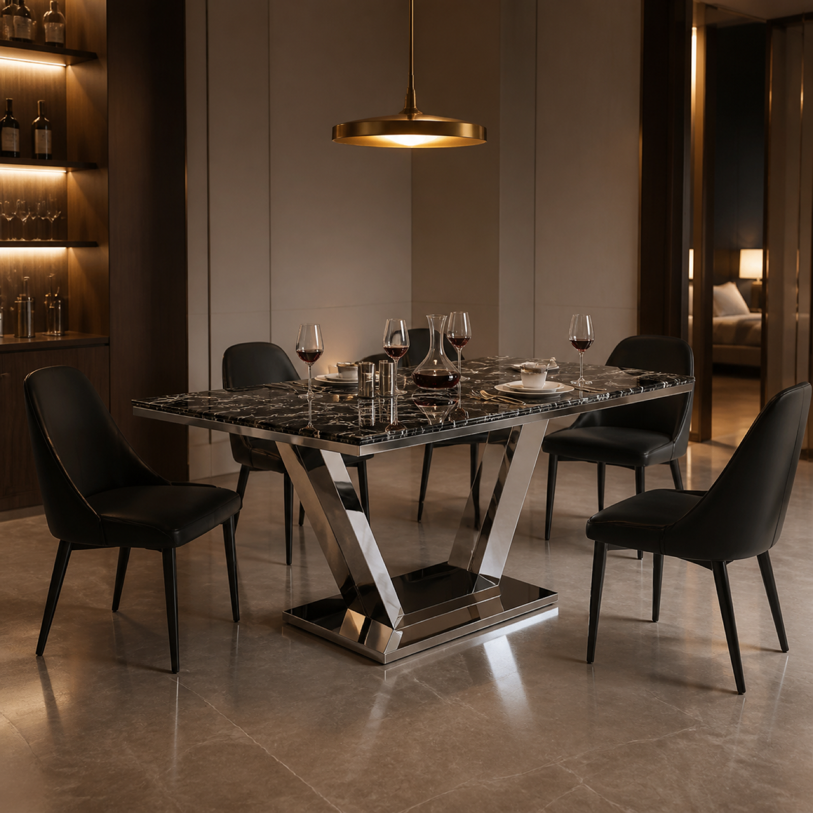 Vertex Marble Dining Table in a luxury hotel dining room