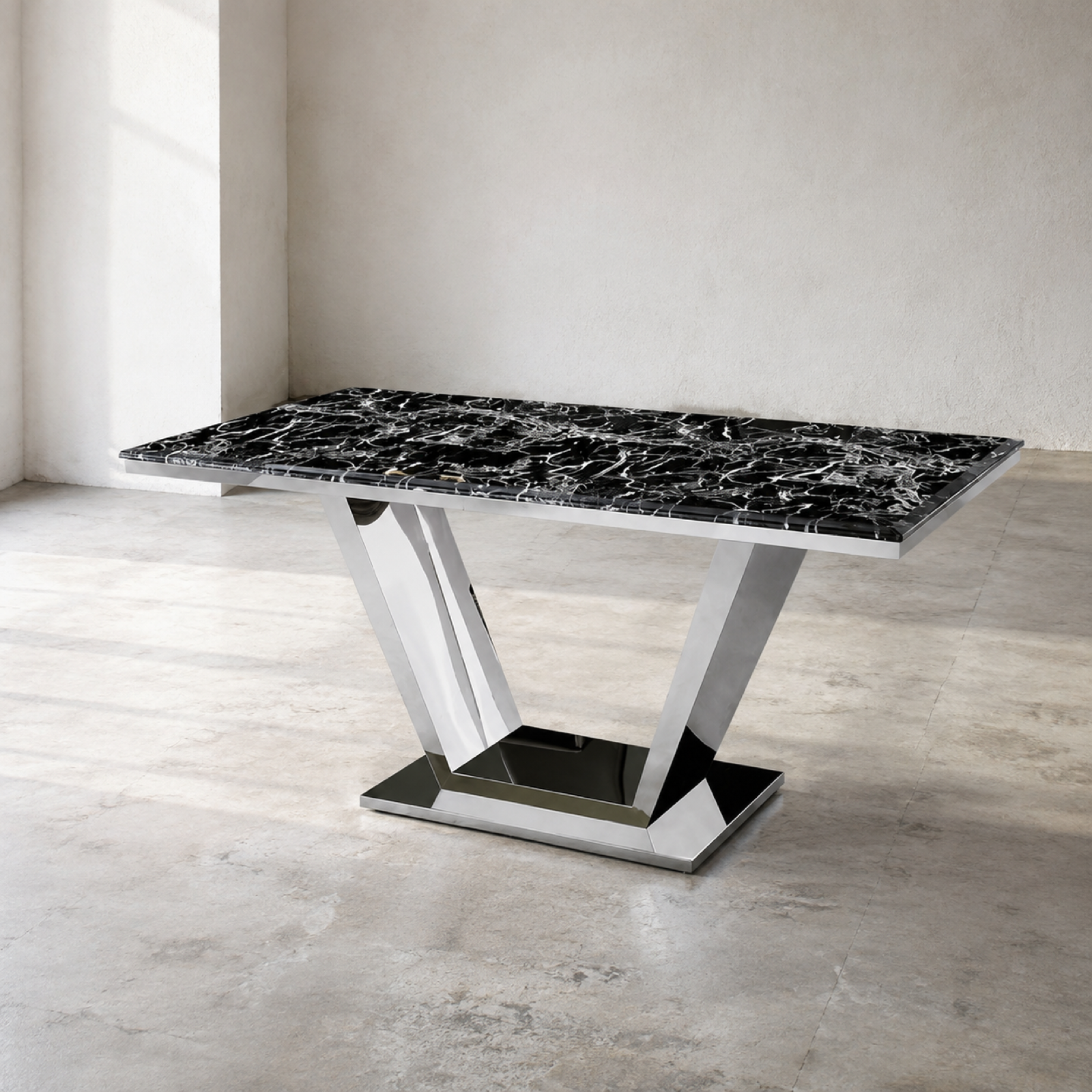 Vertex Marble Dining Table in a minimal showroom
