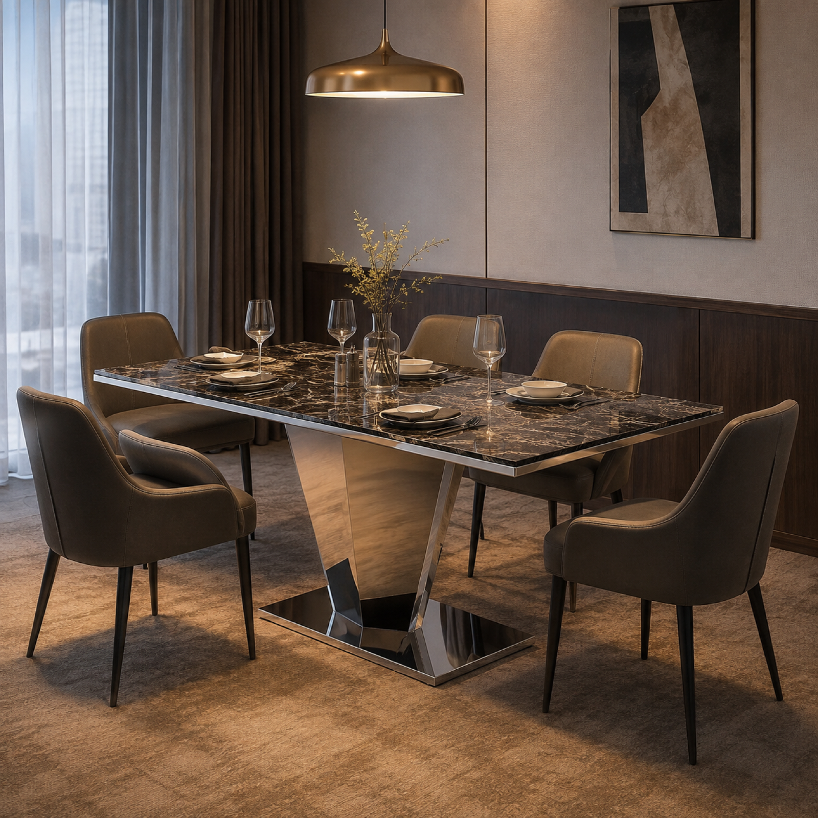 Facet Marble Dining Table in a luxury hotel dining room