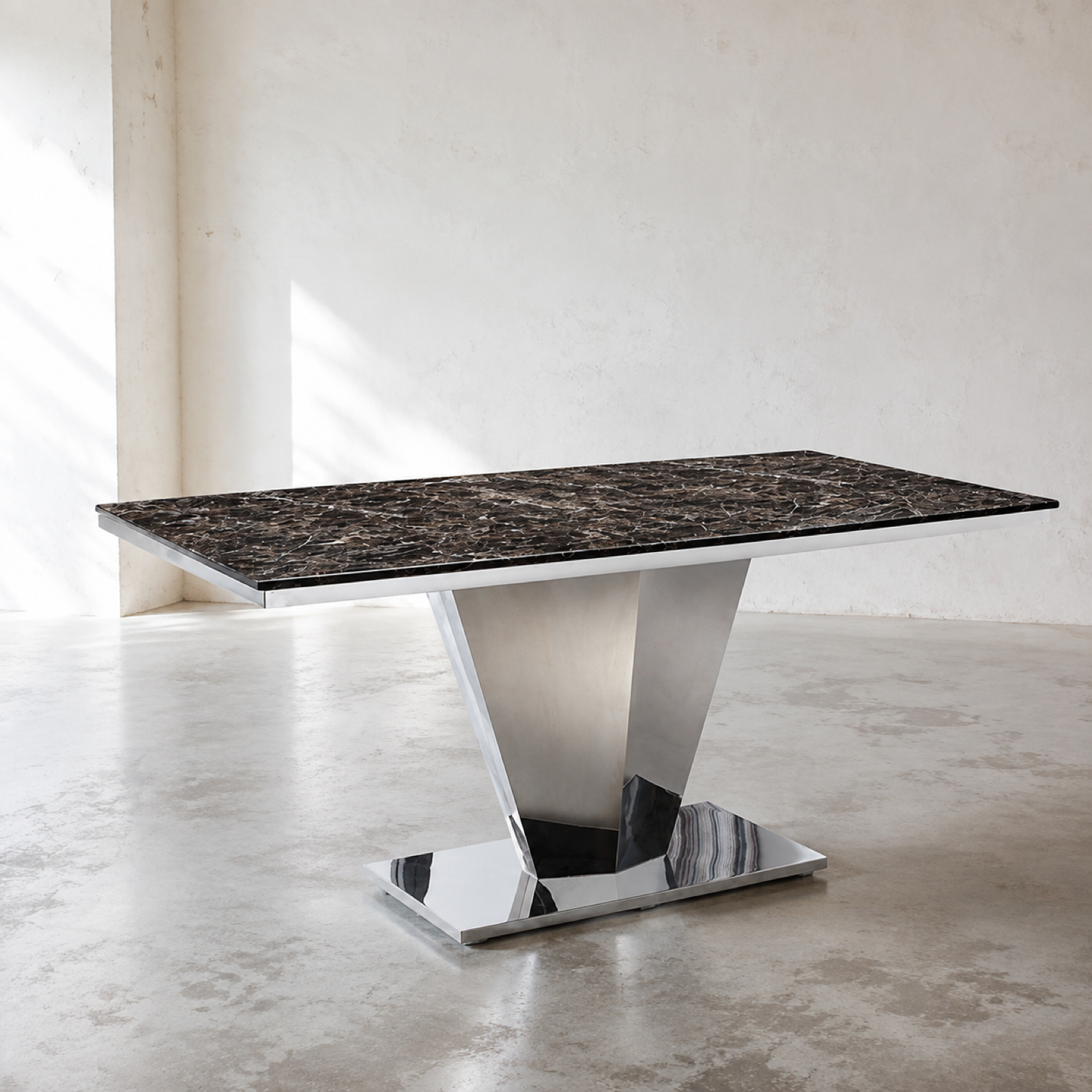 Facet Marble Dining Table in a minimal showroom