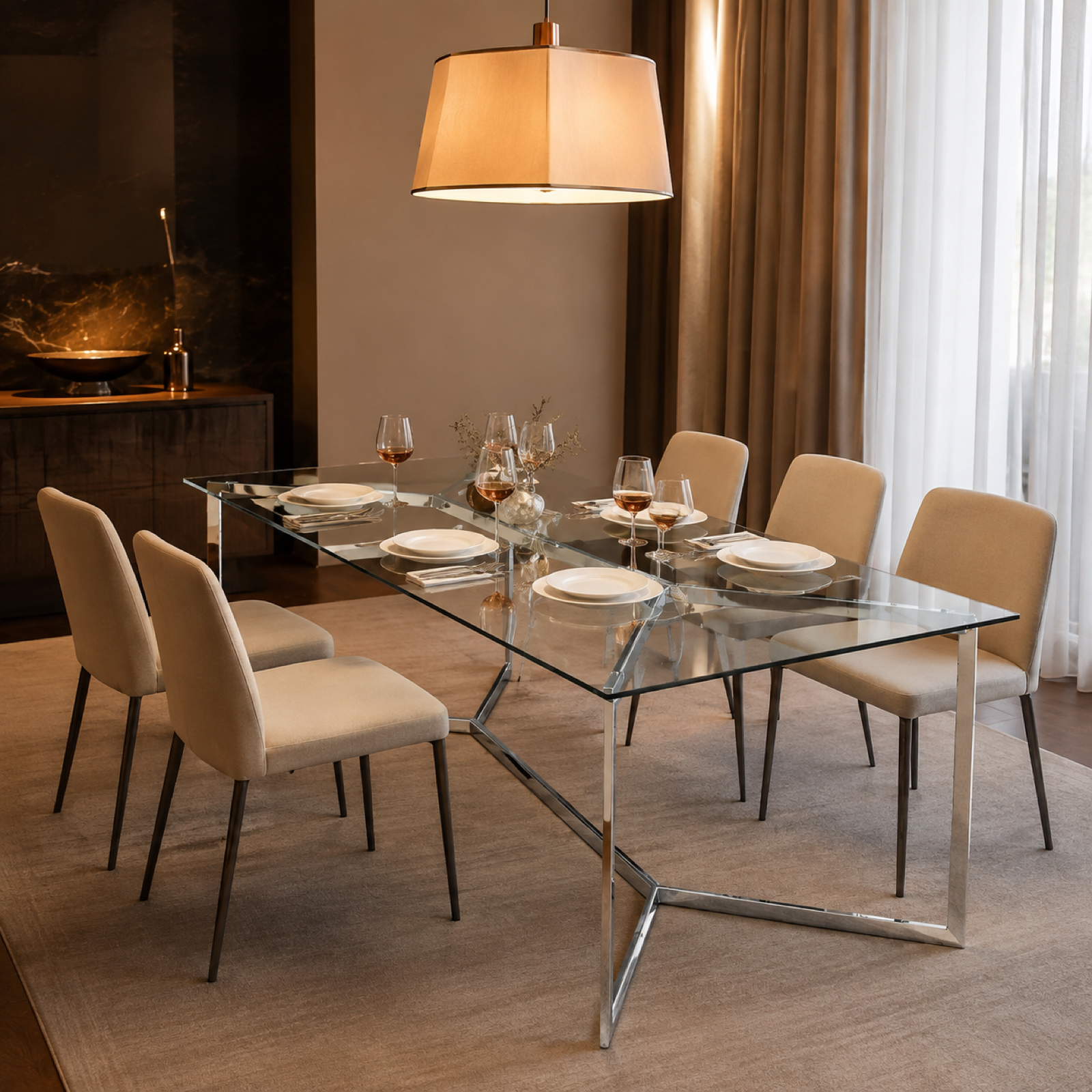 Strut Glass Dining Table in a luxury hotel dining room