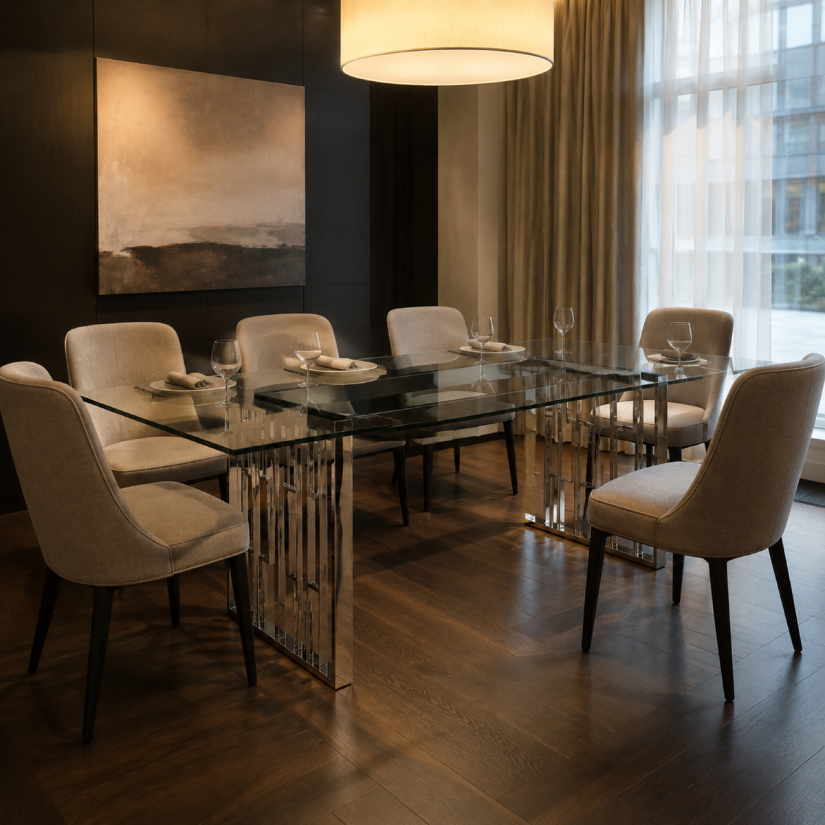 Lattice Glass Dining Table in a luxury hotel dining room
