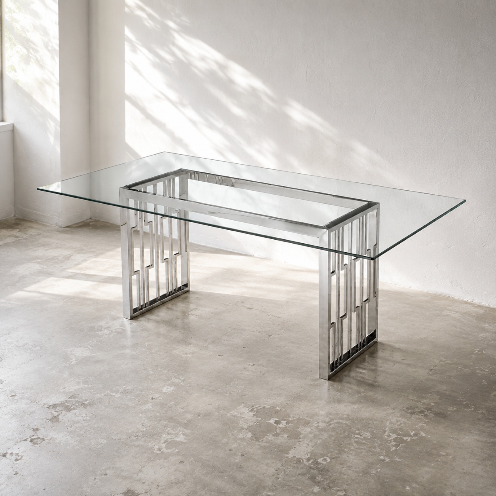 Lattice Glass Dining Table in a minimal showroom