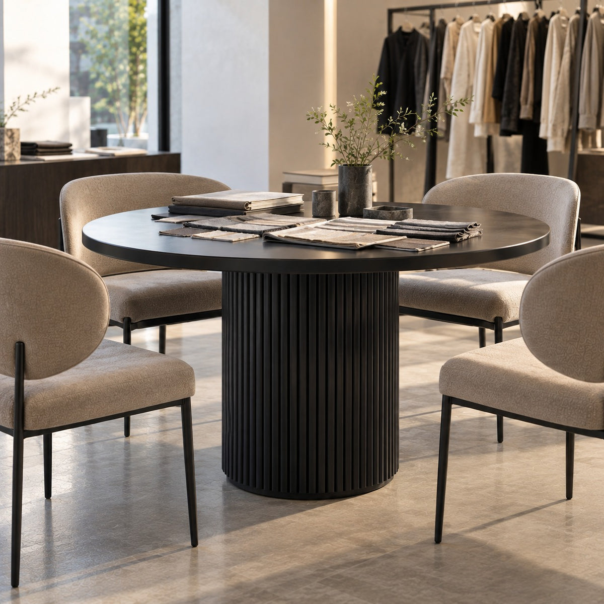 Noir Fluted Round Dining Table 使用イメージ（アパレル店）