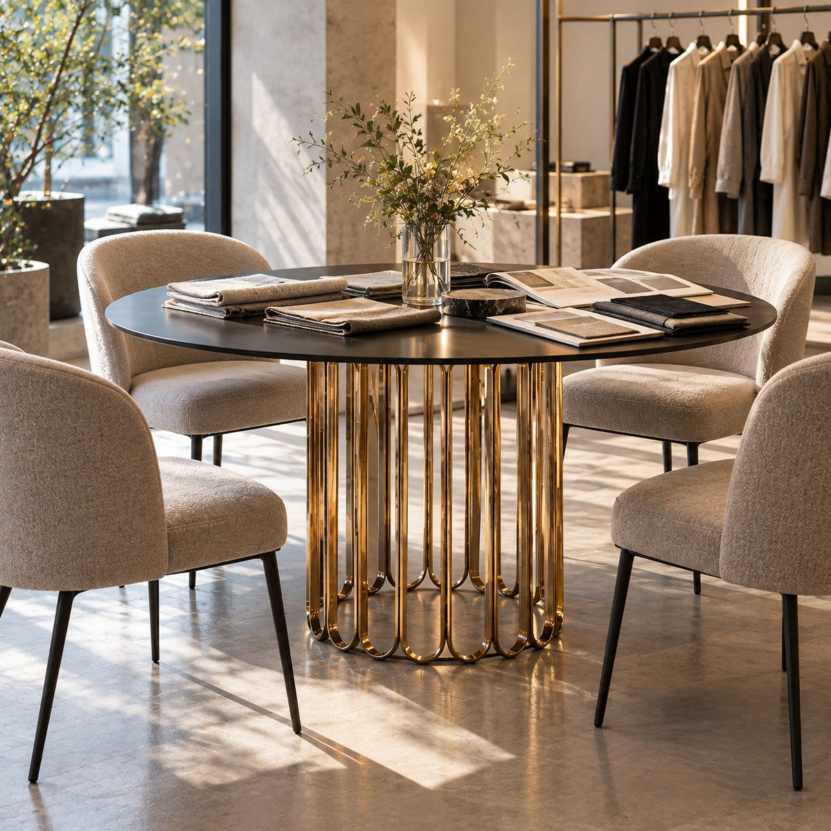 Gold Cage Round Dining Table 使用イメージ（アパレル店）