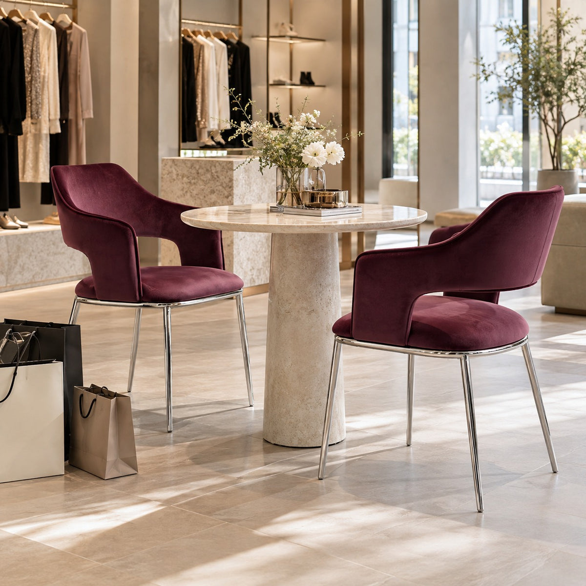 Open Arm Velvet Chair 使用イメージ（アパレル店）
