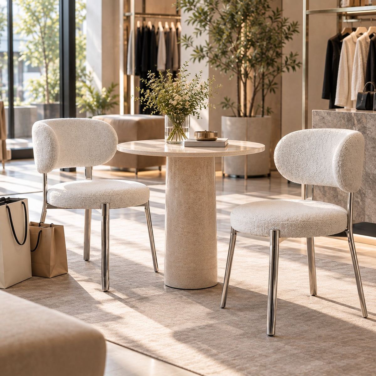 Round Boucle Dining Chair 使用イメージ（アパレル店）