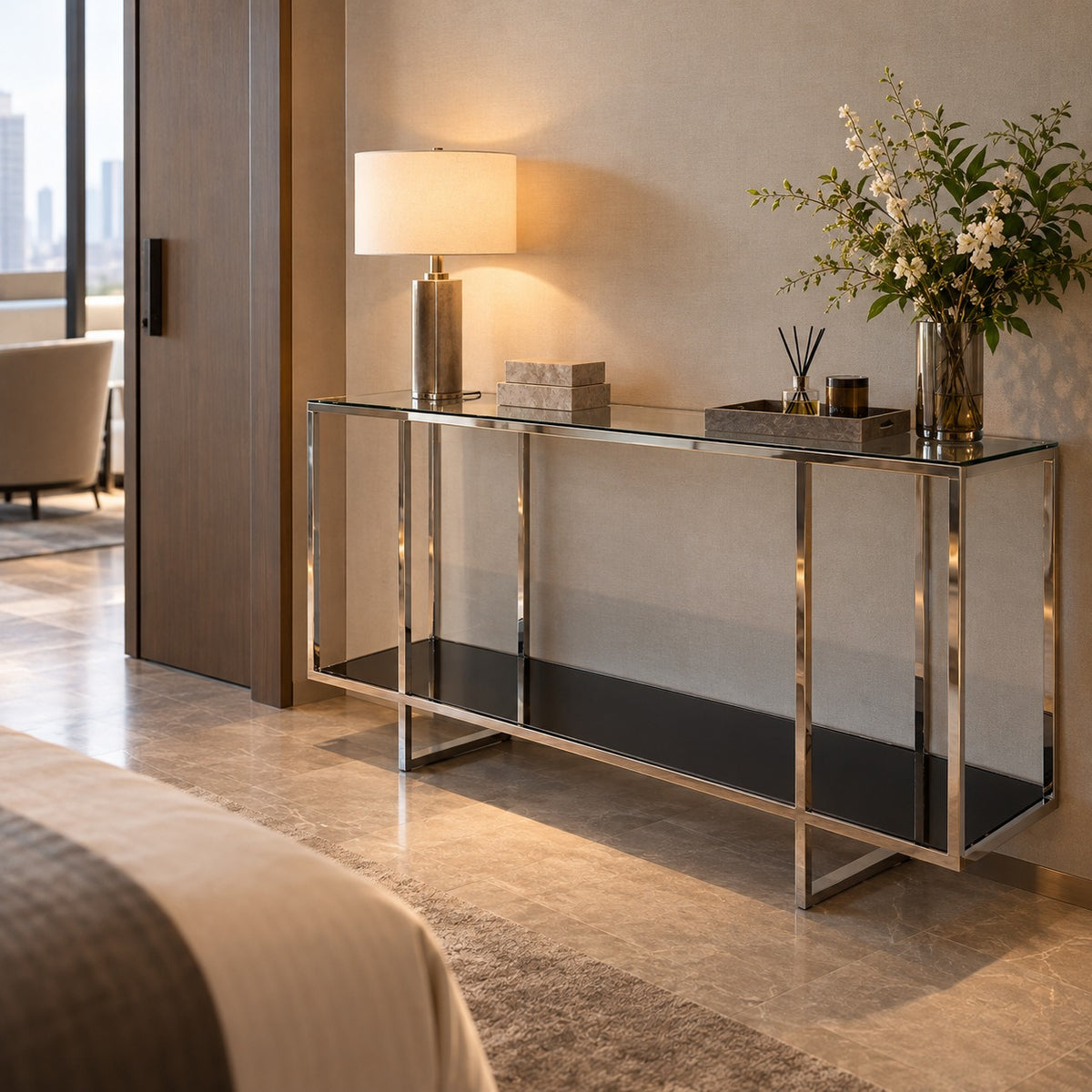 Wide Deck Glass Console 使用イメージ（ホテル）