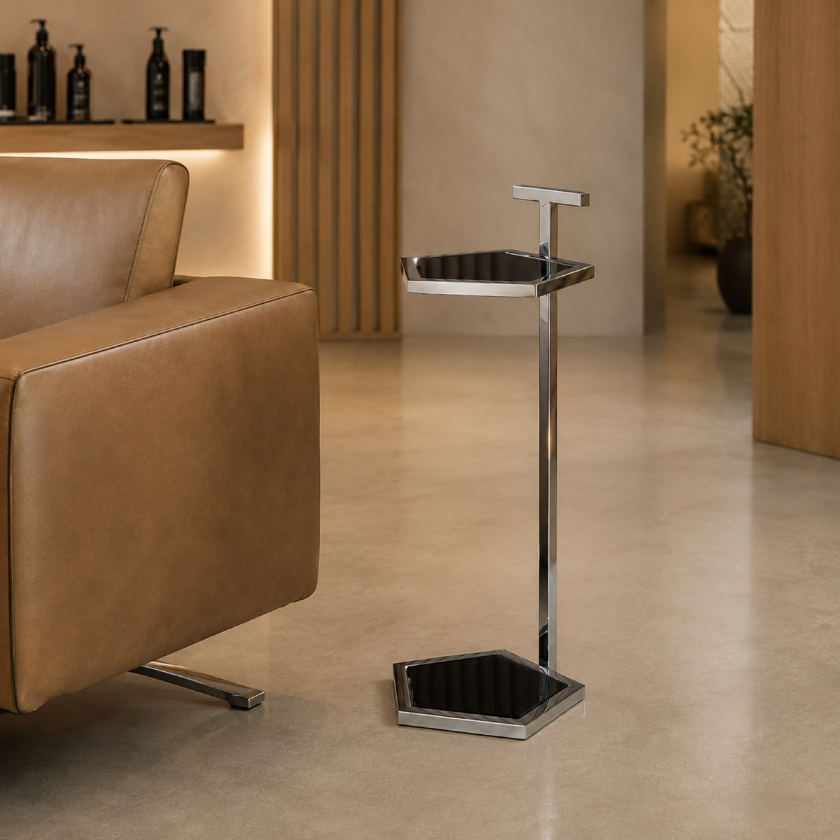 Petal Tray Stand in a high-end salon waiting lounge