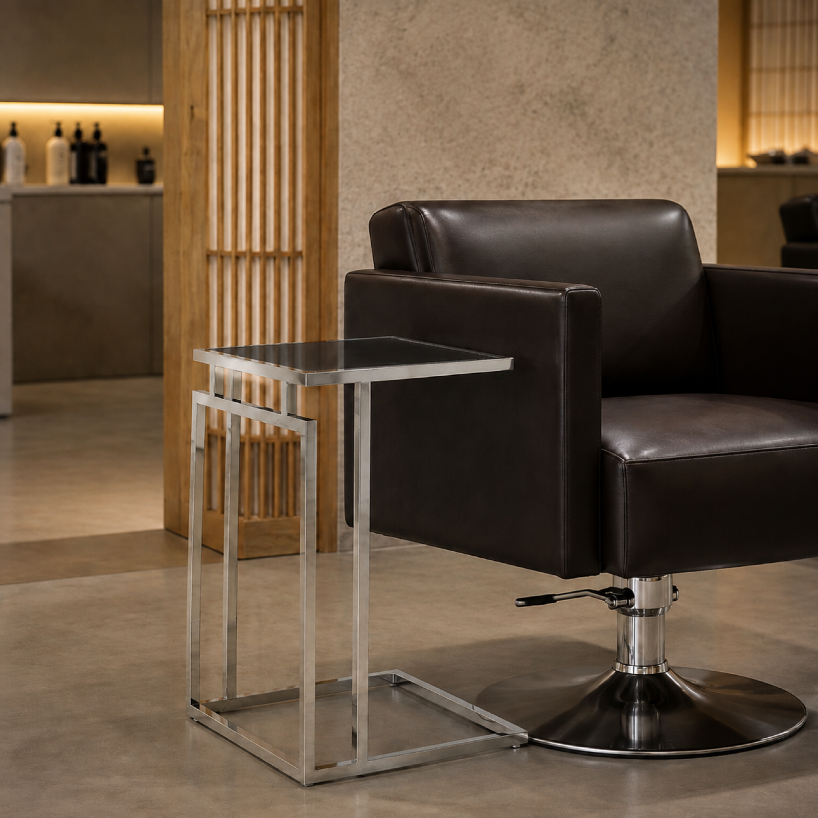 Dual Line Side Table in a high-end salon waiting lounge