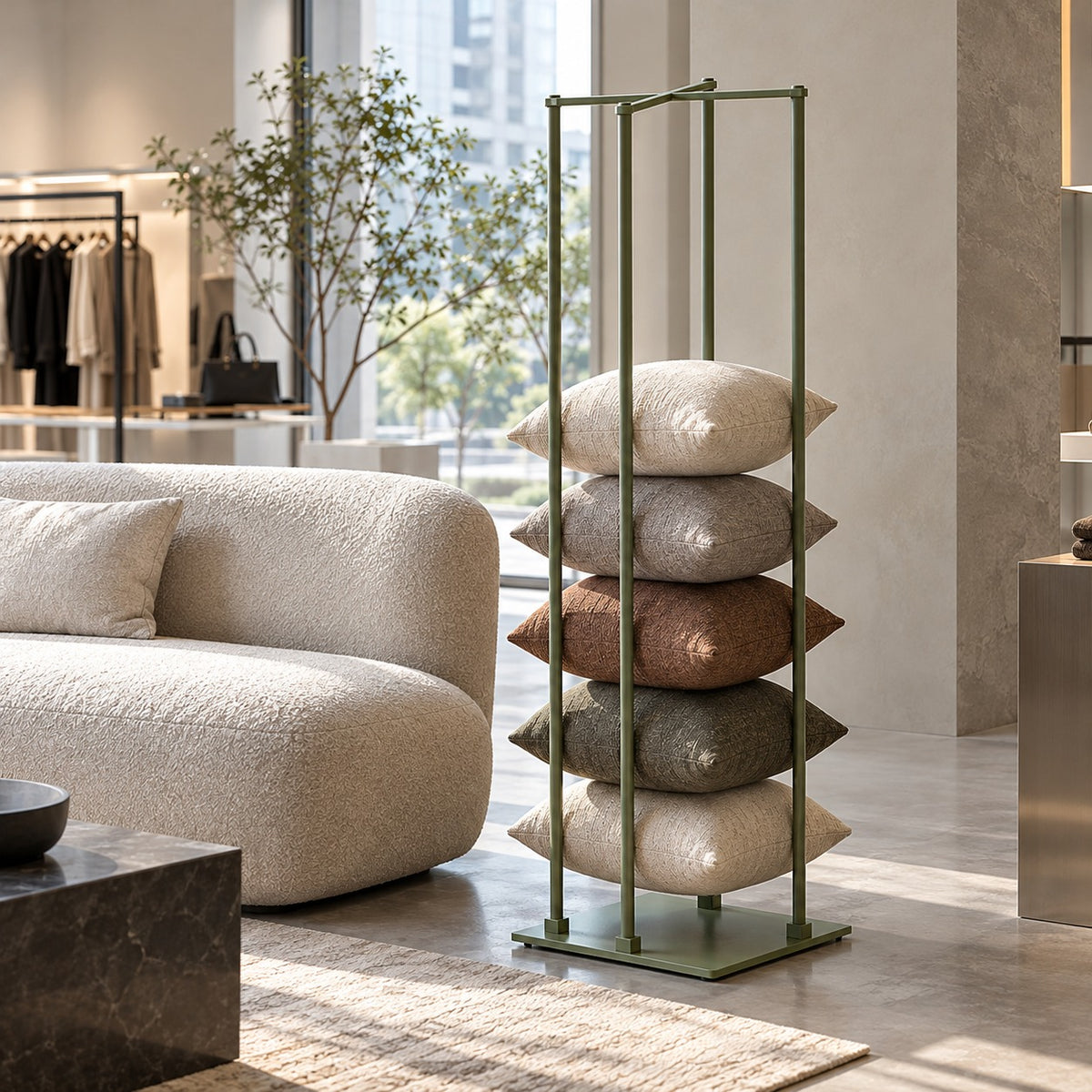 Cushion Tower Stand 使用イメージ（アパレル店）