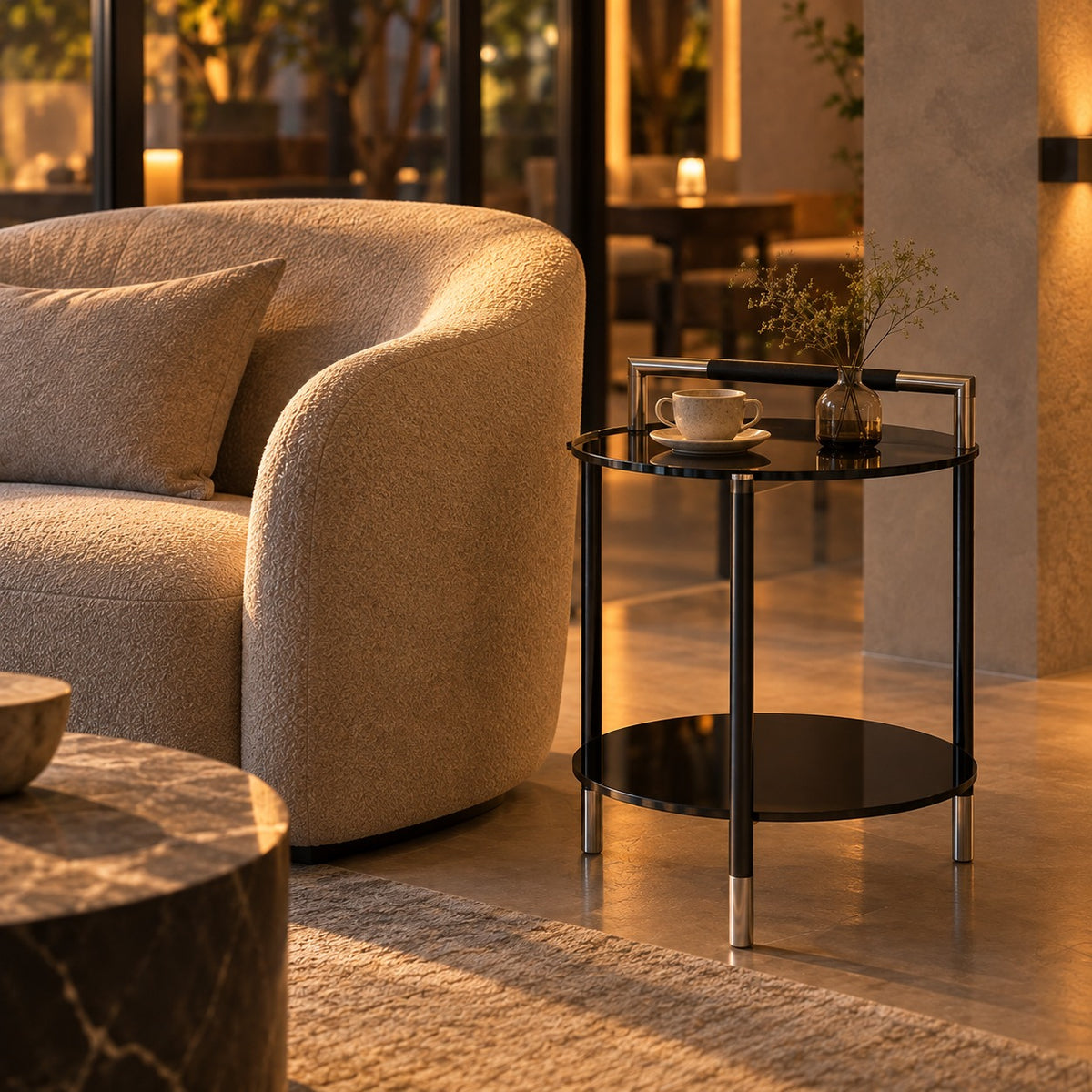Handle Two-Tier Side Table 使用イメージ（飲食店）