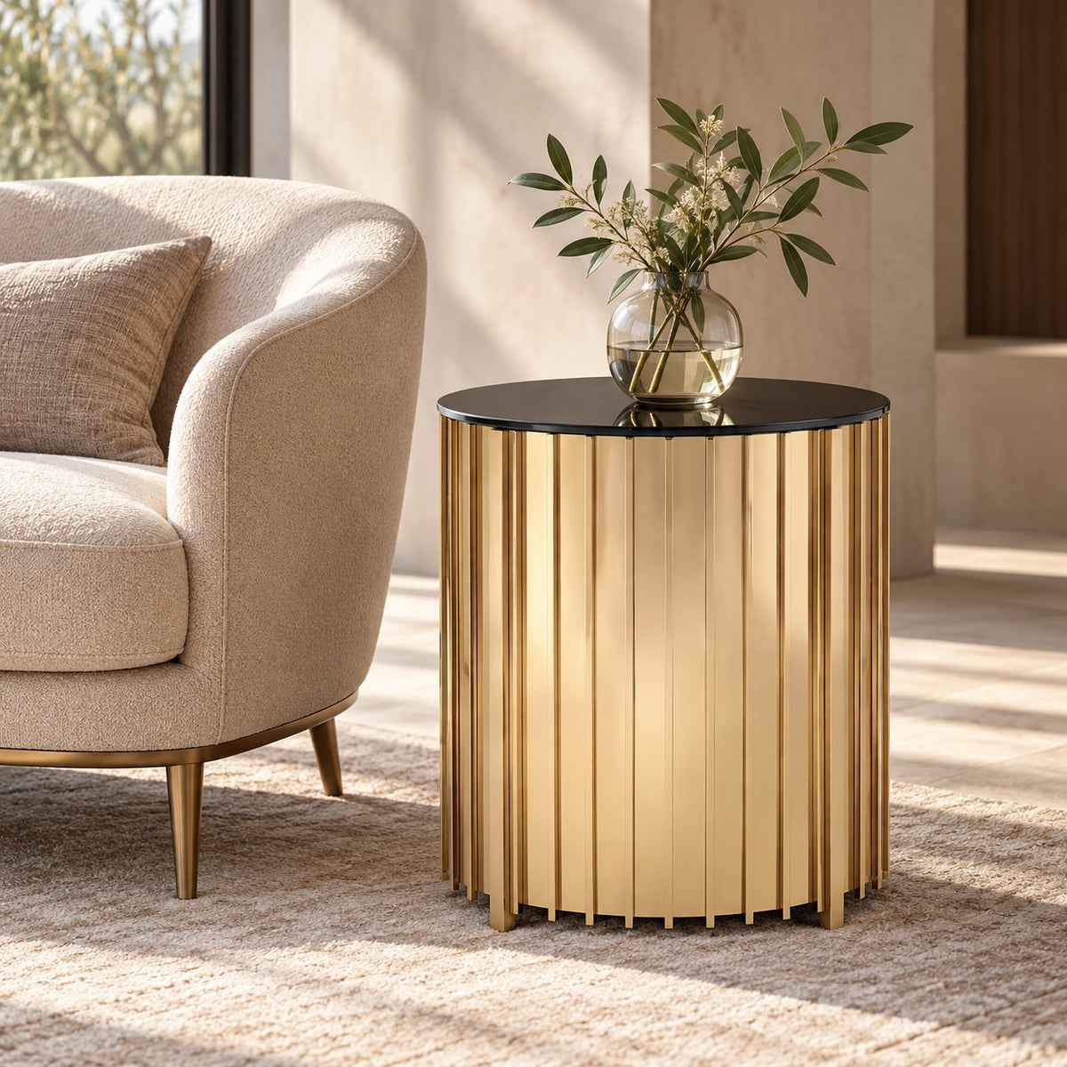 Gold Fluted Drum Side Table 使用イメージ