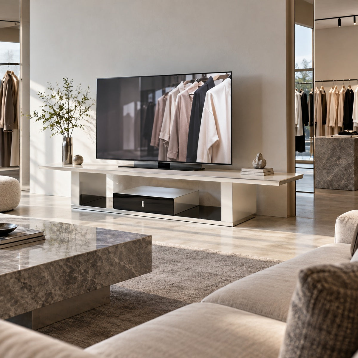 Float Glass TV Board 使用イメージ（アパレル店）