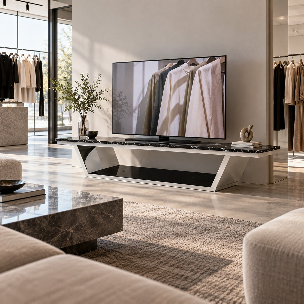 Marble Bridge TV Board 使用イメージ（アパレル店）