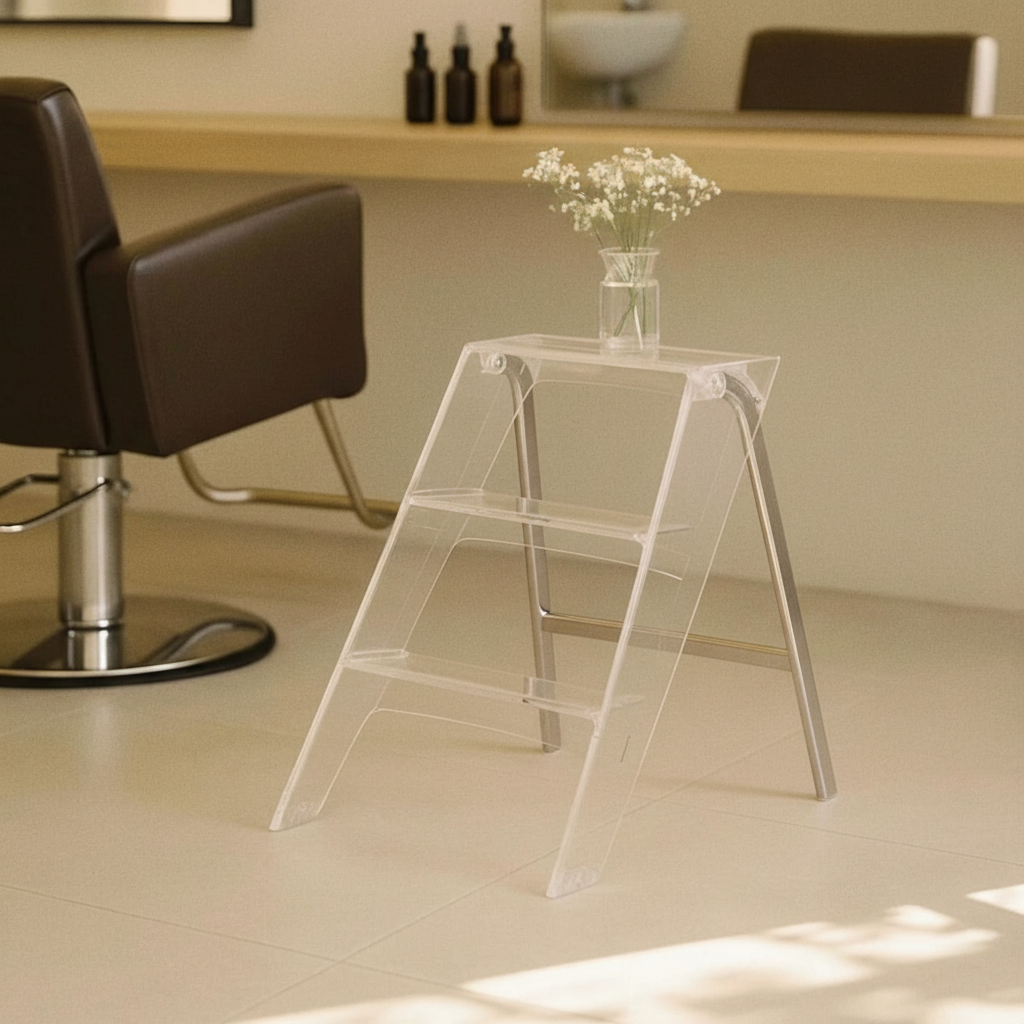 Acrylic ladder stool with stainless steel rungs
