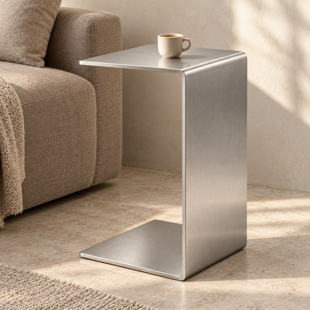 Bend Side Table — ソファ横の使用シーン (AI-generated, editorial 2026-09-15)