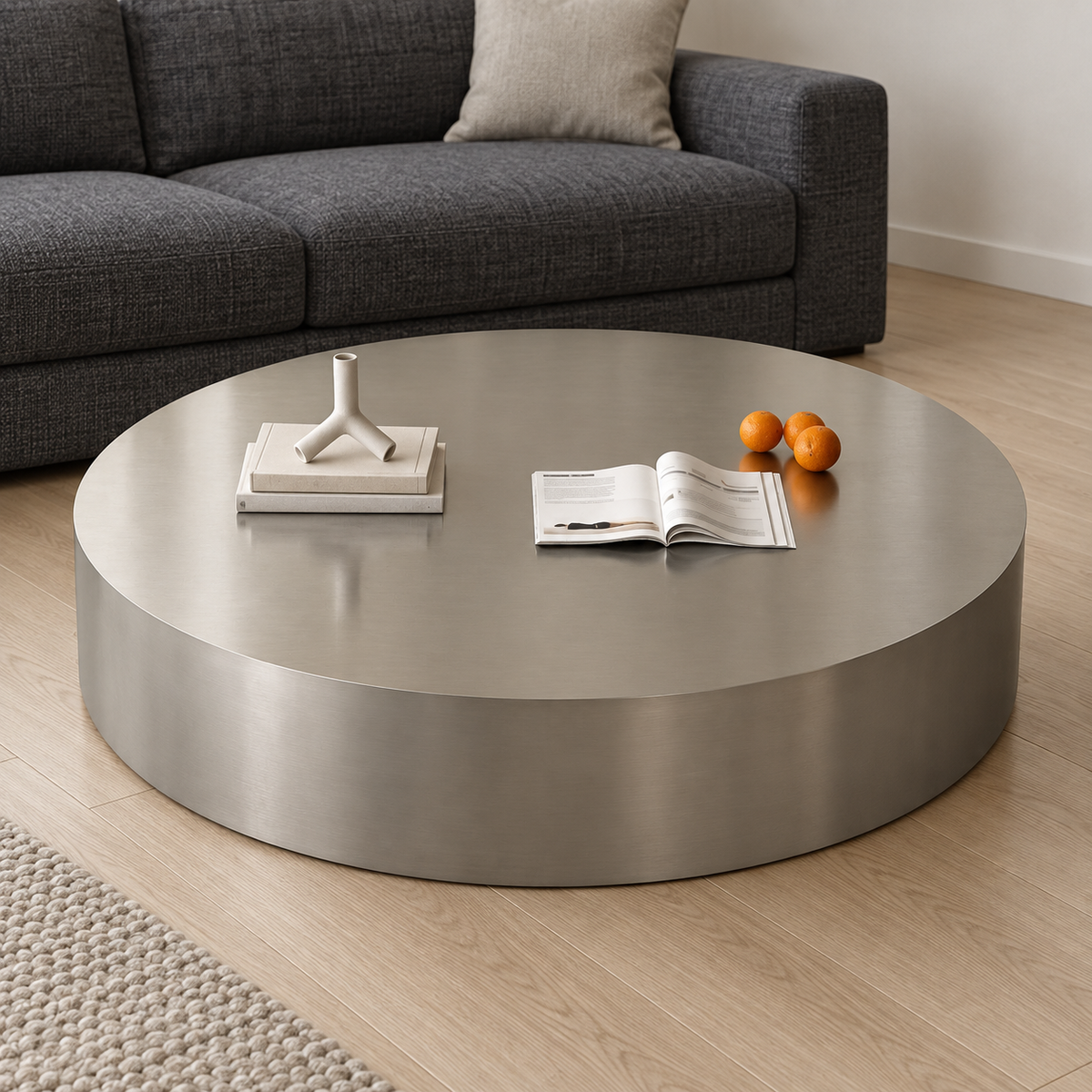 Disc Coffee Table — 自然光のリビングシーン (AI-generated, disc-scene3 2026-09-23)