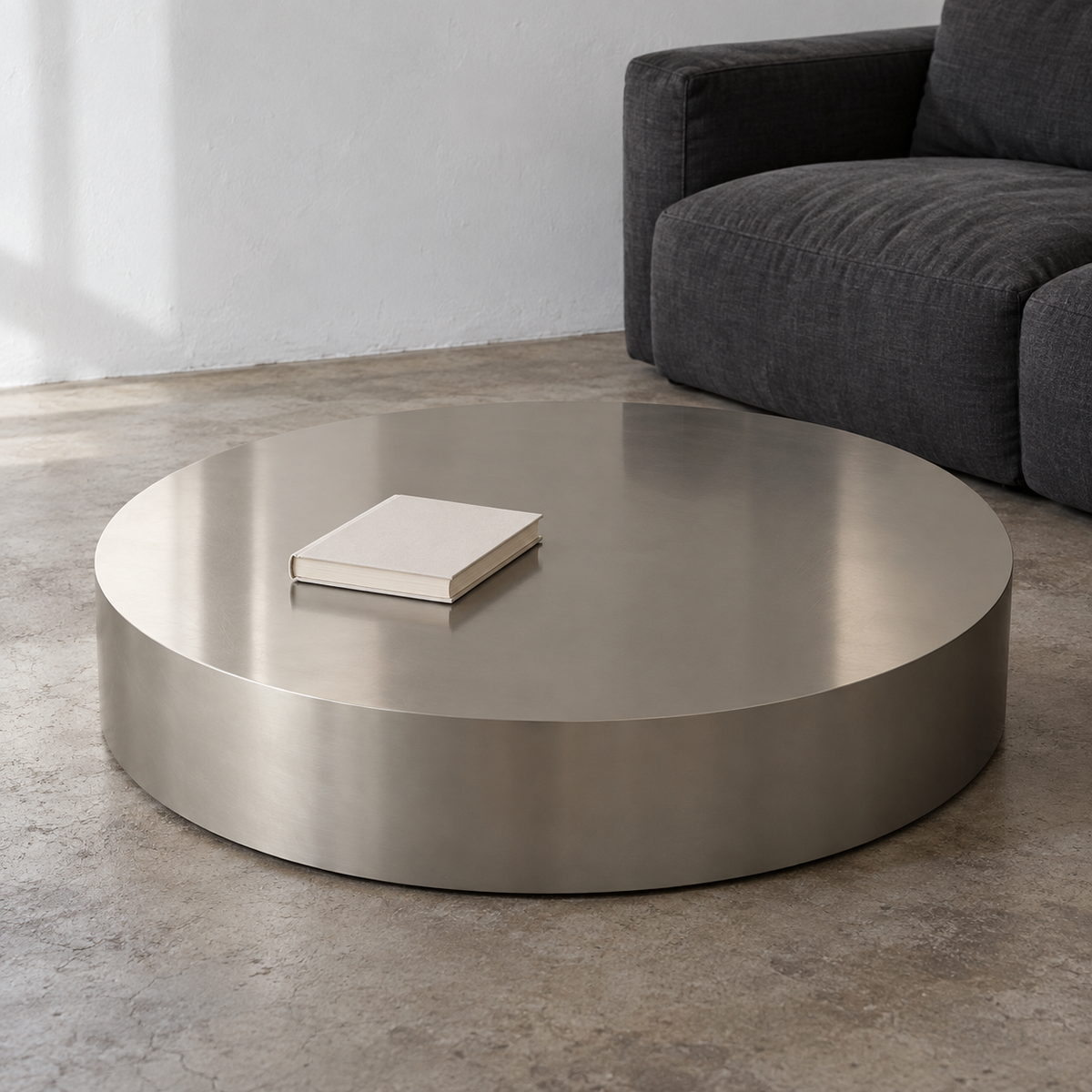 Disc Coffee Table — 白壁とチャコールソファの自然光シーン (AI-generated, disc-scene4 2026-10-06)