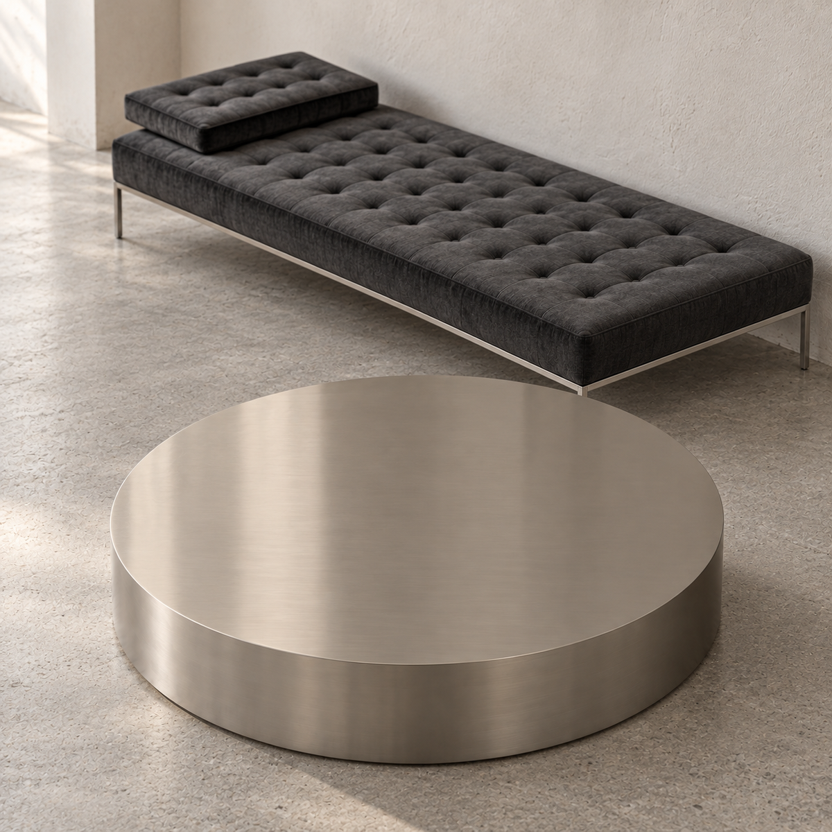 Disc Coffee Table — Homme Sofaと合わせた自然光シーン (AI-generated, disc-homme-v2-scene5 2026-10-15)