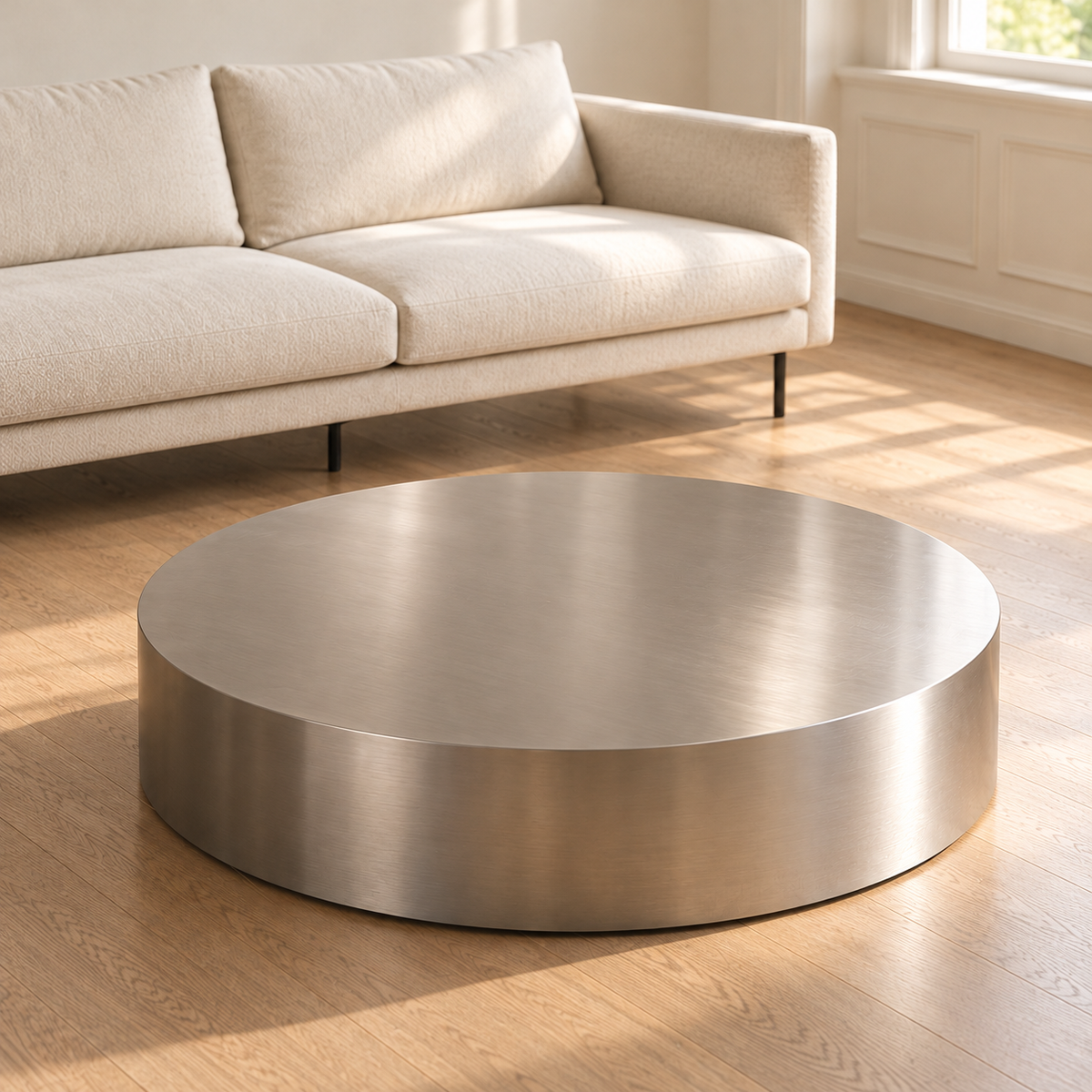 Disc Coffee Table — Linear Sofaと合わせた自然光シーン (AI-generated, disc-linear-v2-scene6 2026-10-15)