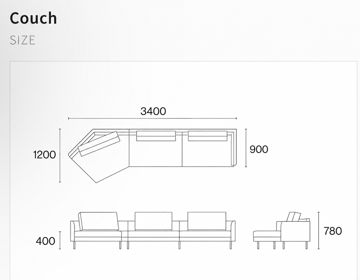 【OUTLET】Linear Sofa - Combi Leather 展示品の構成：Couch（W3400×D1200×H780）